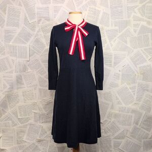J Crew Naval Style Navy Dress with Red and White Bow Accent Size Small